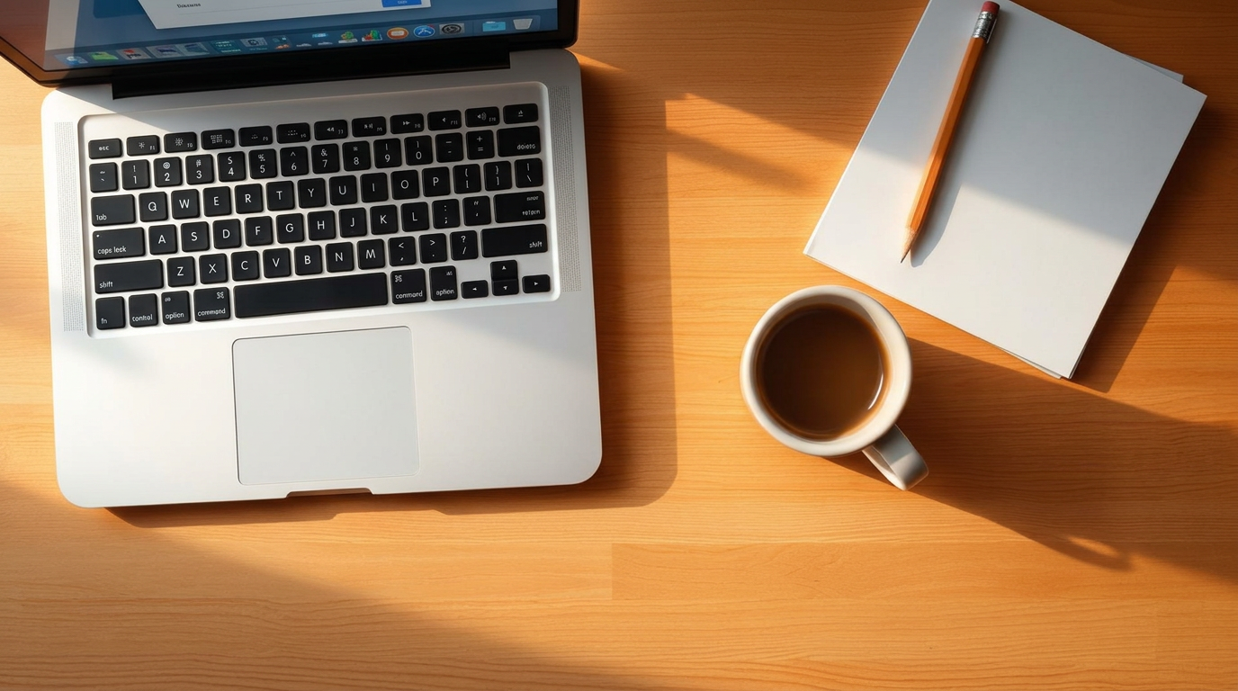 Escritorio de docente con laptop, lápices y una taza de café bajo luz suave de mañana